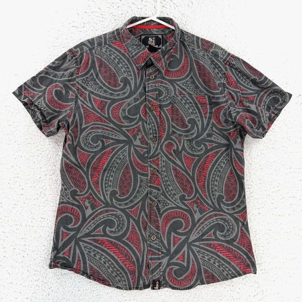 Hinano Tahiti Shirt Mens Medium Gray Red Paisley Hawaiian Short Sleeve Button Up